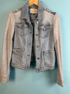 Pilcro & The Letterpress Denim Jacket Terry Sleeve Small Anthropologie Frayed